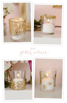 some candles that are sitting on top of a table with gold glitter in the middle