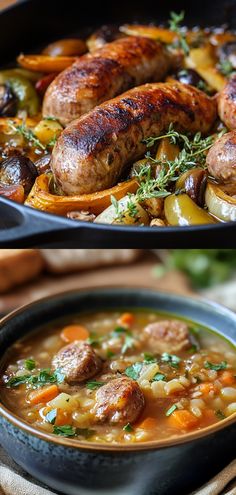 two pictures of sausages and vegetables in a skillet