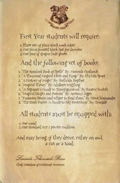 the first year students will ragirge and the following set of books all students must be equipped with