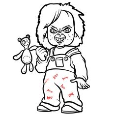 the chucky doll is holding a teddy bear in his hand and wearing overalls