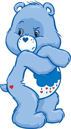 a blue teddy bear hugging its back with hearts on it's chest and arms