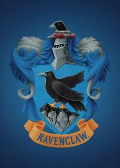 the ravenclaw crest on a blue background with two black birds perched on it