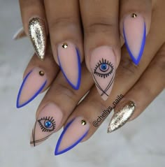 Astrological Nail Designs, Third Eye Chakra Nail Art, Blue Eye Nail Art, Eye Catching Nails, Third Eye Nail Art, All Seeing Eye Nails, Edm Festival Nails, Crucifix Nails, Third Eye Nails