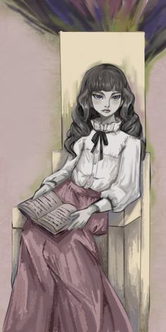 a drawing of a woman sitting in a chair with a book and looking at the camera