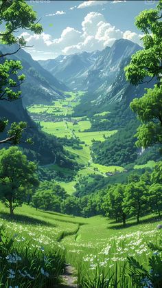 a painting of a green valley with mountains in the background