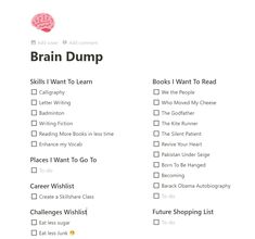 the brain dump checklist is filled with information