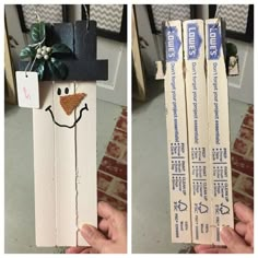 two pictures of the same snowman made out of wood