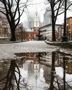 a puddle in the middle of a city street with buildings and trees around it, as seen from across the street