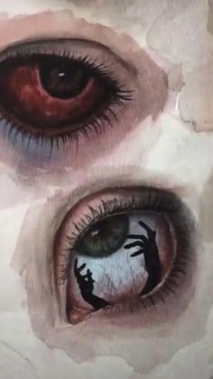 an eye with two hands painted on the iris and one hand holding another's eyes