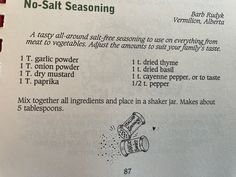 an open book with instructions on how to use pepper seasoning and other things in it