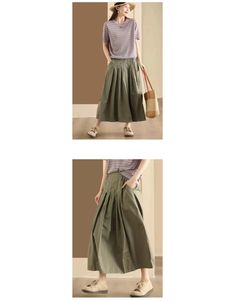 Elastic Waist Loose Casual Wide Leg Pants Skirts — Obiono Casual Lined Khaki Skirt, Casual Khaki Lined Skirt, Casual Stretch Knee-length Pleated Skirt, Casual Knee-length Stretch Pleated Skirt, Casual Khaki Midi Skirt, Khaki Knee-length Spring Bottoms, Spring Khaki Knee-length Bottoms, High Waist Khaki Cotton Skirt, Casual Khaki Lined Skirt Bottoms