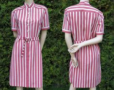 Striped vintage dress with belt, women's shirtdress from the 80s Beautiful belted vintage dress in striped print. Knee length, but depends on your height Appears to be custom made in an atelier, no tags are present Muted red color Very good vintage condition Found in a vintage shop in Latvia Size: M Measurements (taken when laid flat on one side) : Shoulder to shoulder 16.14 inches (41 cm) Armpit to armpit 19.69 inches (50 cm) Waist: 20.08 inches (51 cm) Hips: 20.47 inches (52 cm) Full length 41 Vintage Striped Dress, Vintage Floral Top, Muted Red, Vintage Maxi Dress, Vintage Blazer, Dress With Belt, Vintage Pillows, Vintage Shop, The 80s