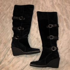 These Stunning Cole Haan Waterproof Wedge Boots Are Suede With Rubber Details. Fully Waterproof And Nike Air Technology For Extra Comfort. Rubber Insole. Worn Maybe Once, Perfect Condition, Like New. 3.25" Heel. Cole Haan Shoes, Wedge Boots, Waterproof Boots, Shoes Heels Boots, Black Cream, Cole Haan, Shoes Women Heels, Heeled Boots, Nike Air