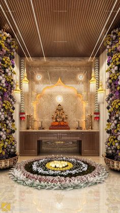 the interior of a temple decorated with flowers