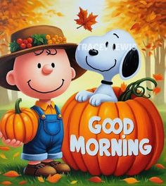 a painting of a charlie brown and his pumpkin with the words good morning written on it