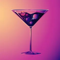 a purple and pink background with a martini glass filled with liquid, planets and stars