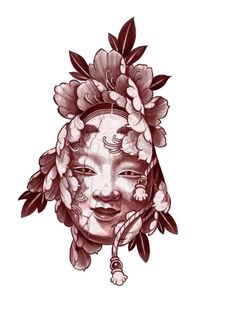 a drawing of a woman's face with flowers on her head