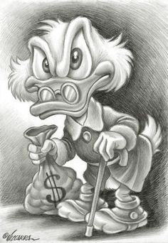 a drawing of a cartoon character holding a money bag and looking at the viewer's eye