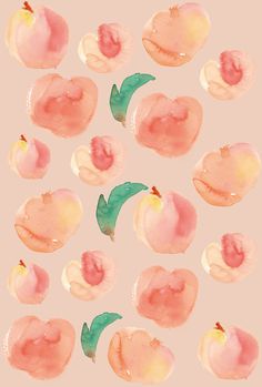 the words bloom written in watercolor on a pink background with peaches and green leaves