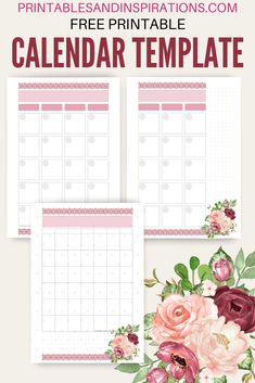 the free printable calendar template is shown with pink flowers and green leaves on it