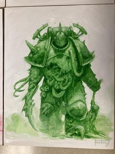 a painting of a green creature on a white background