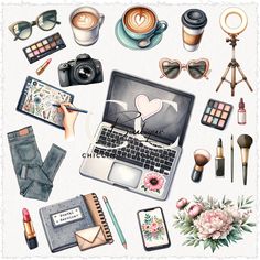 an illustration of a laptop surrounded by various items such as makeup, eyeliners and lipstick