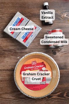 the ingredients needed to make graham cracker crusts are displayed on a wooden table