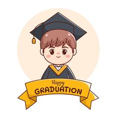 a boy in graduation cap and gown holding a yellow ribbon with the words happy graduation on it