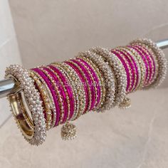 Celine Luxury Pearly Bangle Set - Hot Pink - SOKORA JEWELSCeline Luxury Pearly Bangle Set - Hot PinkBANGLES Bangle Set For Bride, Bridal Bangles Wedding, Antique Gold Bangles, Hot Pink Jewelry, Pink Bangles, Pakistani Jewellery, Beautiful Bangles