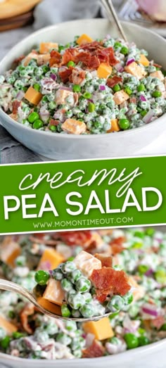 peas salad with bacon and cheese in a white bowl