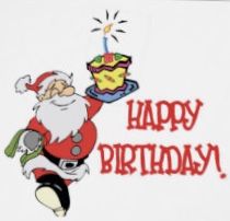 a happy birthday card with santa clause holding a cake