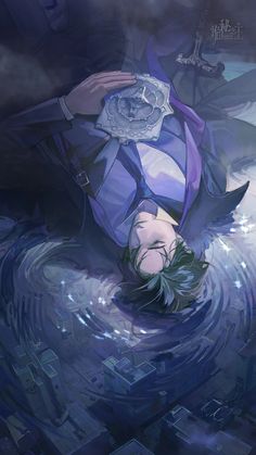 an anime character floating in the water with his head above the water's surface