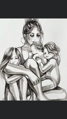 a black and white drawing of a woman holding two children with her arms wrapped around her