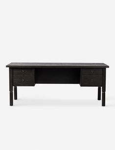 a black desk with two drawers on one side and an open drawer on the other