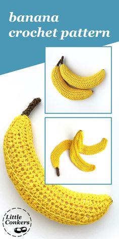 Crocheted bananas and banana peel Banana Crochet, Crochet Banana, Crocheted Food, Fruit Crochet, Crochet I Cord, Amigurumi Projects, Banana Pattern, Knit Toys