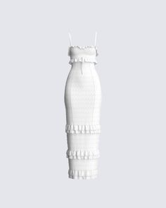 Bring the charm with this white maxi dress 💫 Made from an eyelet lace fabric, and complete with mini ruffle details, a bustier style, and adjustable straps - this look is the ultimate proof that elegance can have a cheeky side 🤍 Tiered Lace Maxi Dress With Fitted Bodice, White Fitted Tiered Maxi Dress, Fitted Lace Maxi Dress With Ruffle Hem, Chic Tiered Lace Maxi Dress, Chic Lace Tiered Maxi Dress, White Tiered Maxi Dress For Evening, Fitted White Maxi Dress With Ruffle Hem, White Tiered Ruffle Maxi Dress, Elegant Lace Maxi Dress With Ruffle Hem