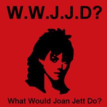 the cover of what would joan jet do? by w w j i d, with an image of a woman's face