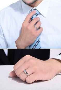 two pictures of a man wearing a tie and ring with his hand on the necktie