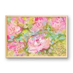 an abstract painting with pink flowers and green leaves on the bottom half of the frame