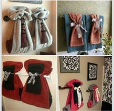 four pictures of towels hanging on the wall and in different styles, colors and designs