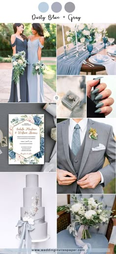 a collage of photos with blue and gray wedding colors