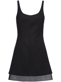 Highlights black wool enamel triangle logo scoop neck open back sleeveless straight hem thigh-length Prada Mini Dress, Prada Outfits, Prada Clothes, Designer Black Dress, Prada Dress, Prada Women, Paloma Wool, Triangle Logo, Dr Closet