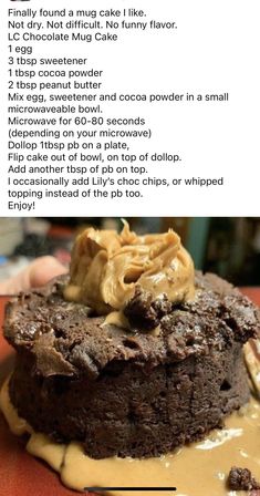 a chocolate cake with peanut butter frosting on top is shown in the bottom right corner