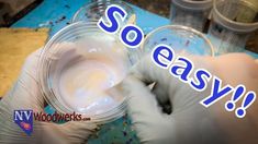 a person in white gloves is holding a plastic container with some cream on it and the words so easy