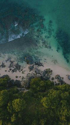 an aerial view of the beach with rocks and trees in the foreground, looking down at the water