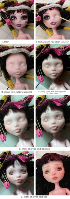 the instructions for how to make a doll's hair and makeup look like she is wearing