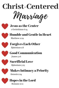 a poster with the words christ - centered marriage and hearts in red on white background