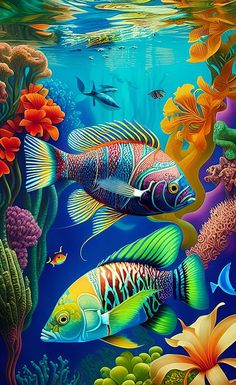 an underwater scene with colorful fish and corals