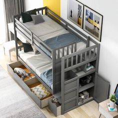 a bunk bed with drawers underneath it