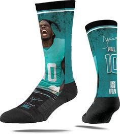 Socks Features memory yarn fabric with never-slip grip and compression padding Left/Right specific design Team Spirit Features team and player graphics Additional Details Care directions: Machine wash cold. Do not bleach. Tumble dry low. Officially licensed product Tyreek Hill, Nfl Miami Dolphins, Miami Dolphins, Team Spirit, Dolphins, Fun Sports, Miami, Nfl, Bleach